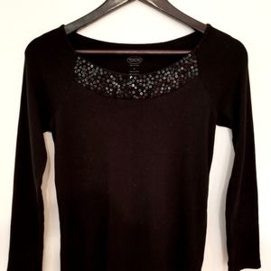 Talbots black cotton tee with sequin scoop neck 3/4 length sleeves petite